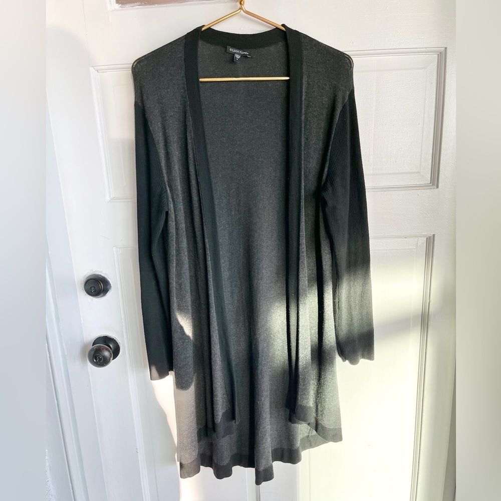 New Eileen Fisher Gray Black Ribbed Sleeve Open Front Cardigan